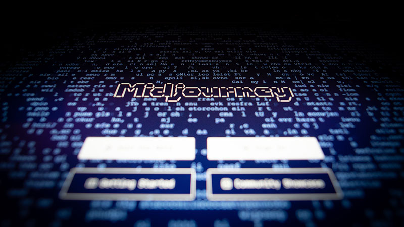 What is Midjourney AI Art Generation ascii computer symbols around a blue background and the word Midjourney