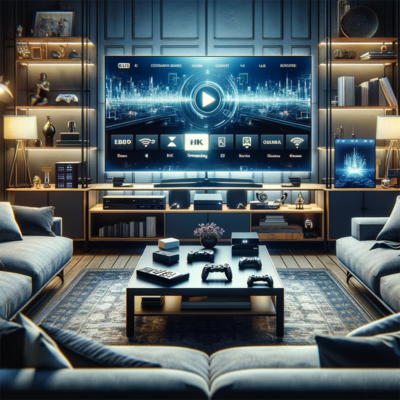 High Speed Internet Entertainment, 4K, and Streaming High tech living room with large tv streaming, video games and other tech