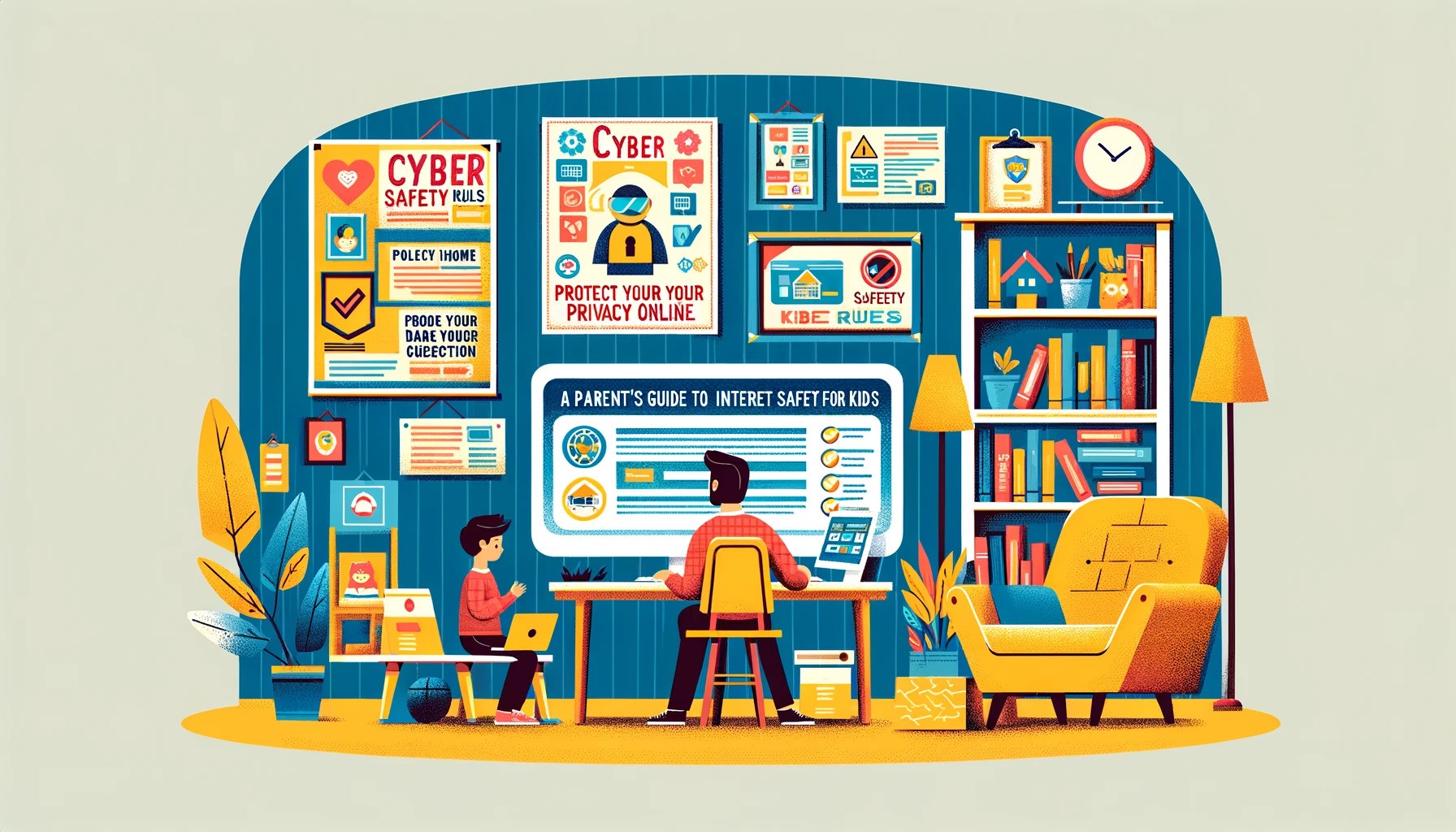 Parent’s Guide Internet Safety for Kids father teaching child about internet safety in living room with large computer