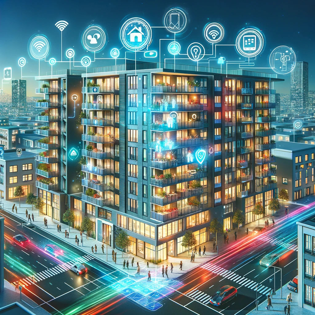Internet of Things Enhancing MDU Building living Futuristic smart apartment building equipped with IoT technology, featuring residents using smartphones to interact with automated systems like lighting and security, surrounded by smart infrastructure.