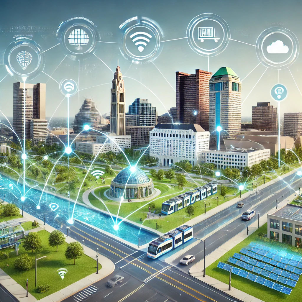 Columbus Smart City Internet Innovation Futuristic Columbus with smart grids, public transport, environmental monitoring, and high-speed internet.