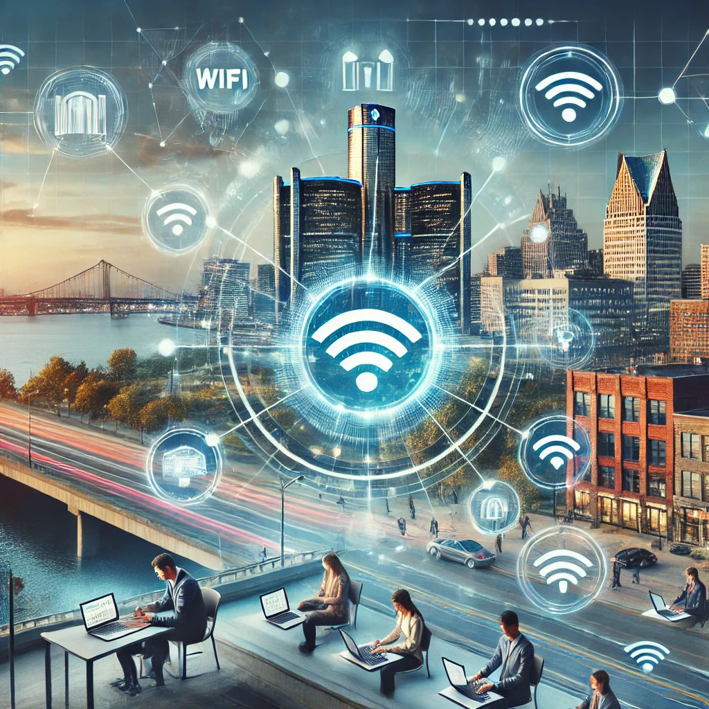 high speed internet detroit online learning remote work Modern cityscape of Detroit with high-speed internet symbols, people working on laptops, students in virtual classes, and the city skyline.