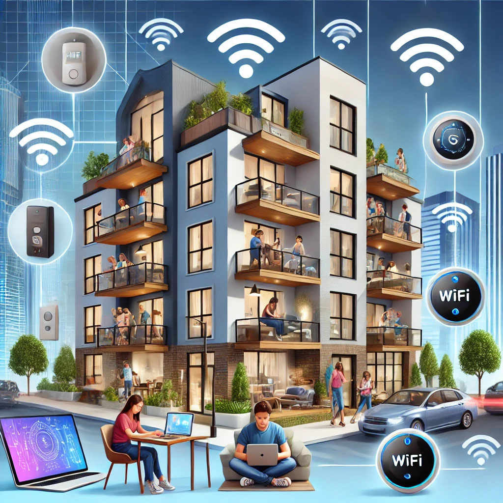 High Speed Internet Multi-Family Apartments Benefits Modern apartment complex with residents working remotely, students in virtual classes, smart home devices, and WiFi symbols indicating connectivity.