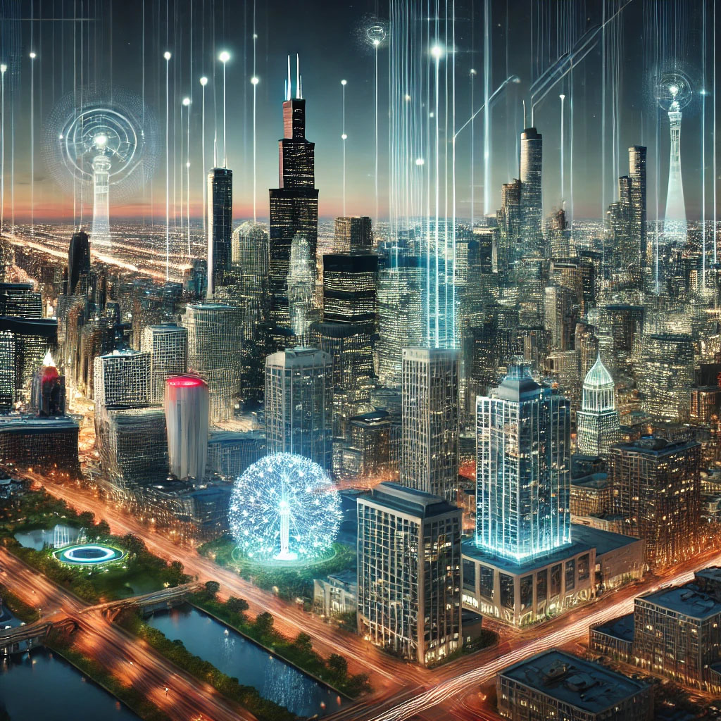 Chicago Multifamily Internet Trends for 2025 Futuristic Chicago skyline with iconic buildings, smart home features, glowing fiber-optic connections, and rooftop gardens, representing advanced urban living