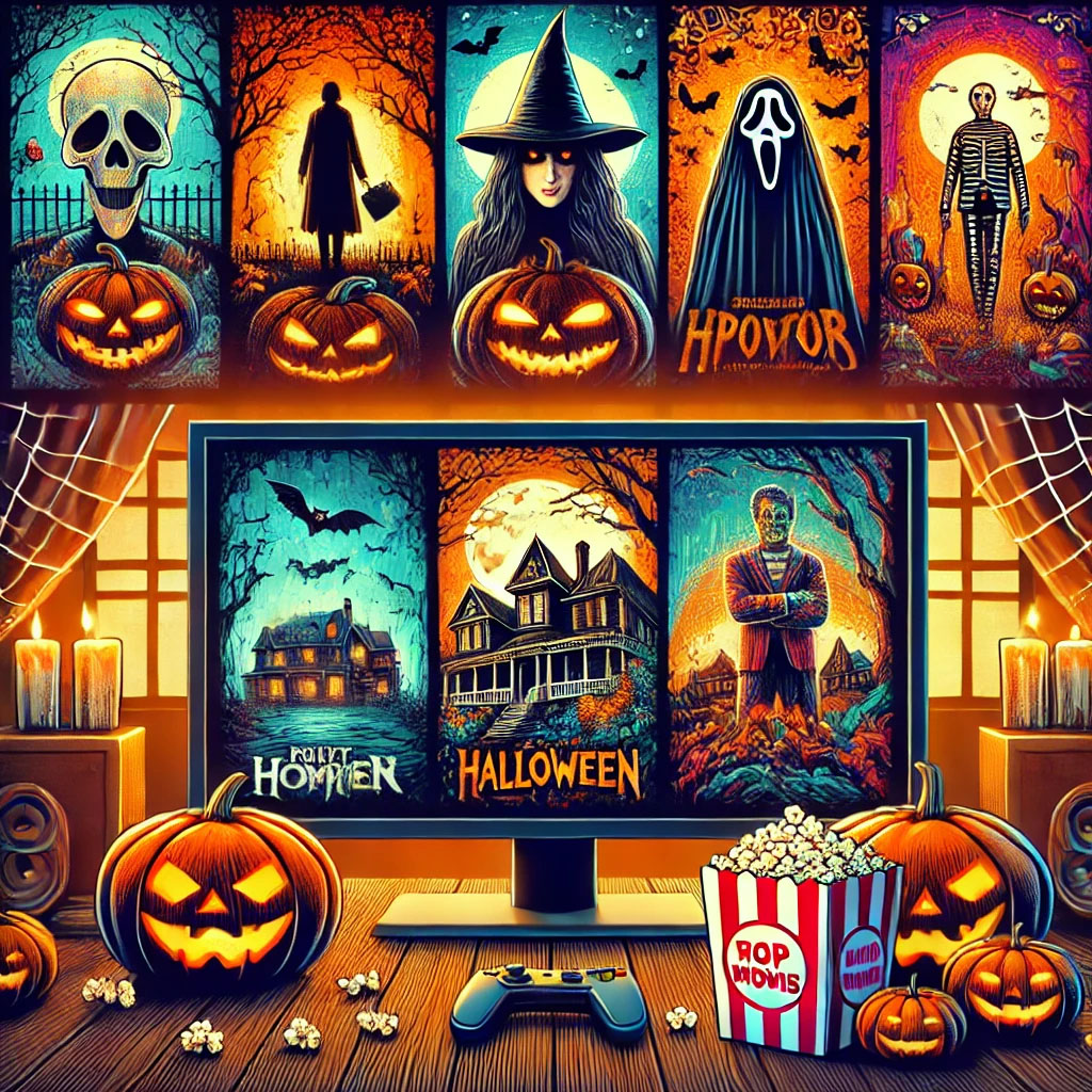 Best Spooky Movies to Stream for Halloween Halloween movie marathon setup with spooky movie posters, pumpkins, and decorations.