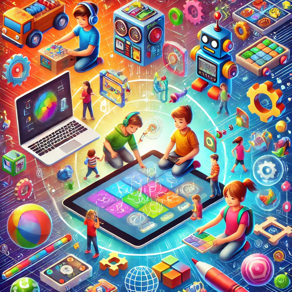 Best Tech Gifts Kids 2024 Children using tech gadgets like coding kits, tablets, and interactive toys in a fun and educational setting, emphasizing creativity and learning.
