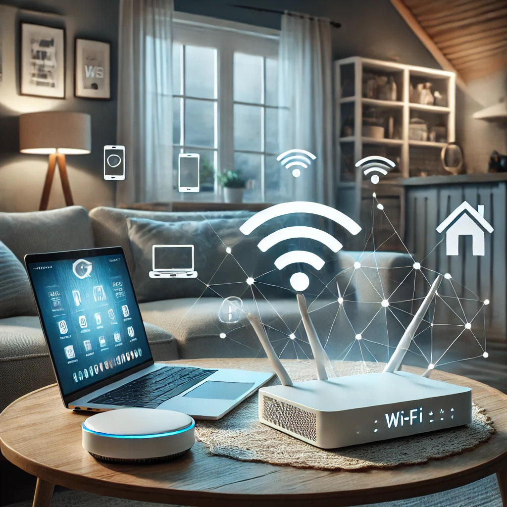 Home Networking Tips- Optimizing Wi-Fi Modern home with a central Wi-Fi router and devices, showcasing strong and optimized internet connectivity.