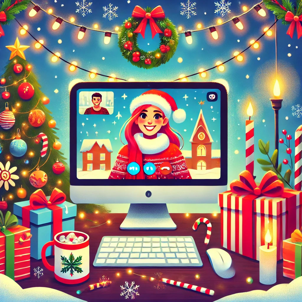 How to Host a Virtually Holiday Party Illustration of a virtual holiday party showing a computer screen with participants in festive attire, surrounded by holiday decorations and cozy elements.