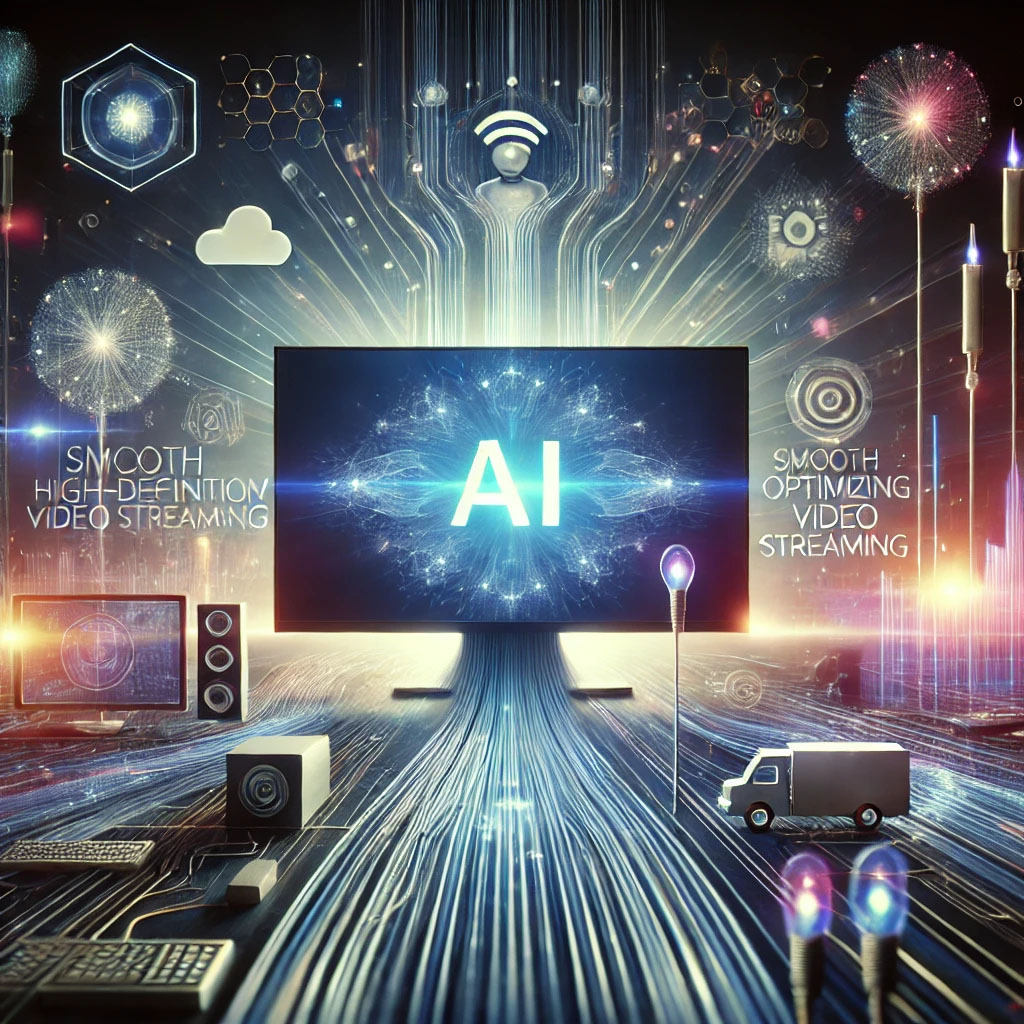 How AI Optimizes Video Streaming Futuristic digital scene showing AI optimizing video streaming with smooth HD playback, data streams, and network connections.