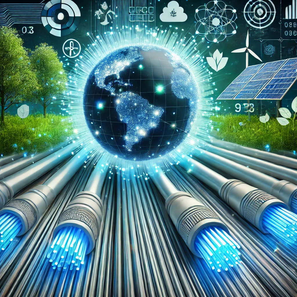 Environmental Benefits of Fiber Optic Cables Glowing fiber optic cables with a green eco-friendly backdrop, symbolizing sustainable and energy-efficient internet technology.