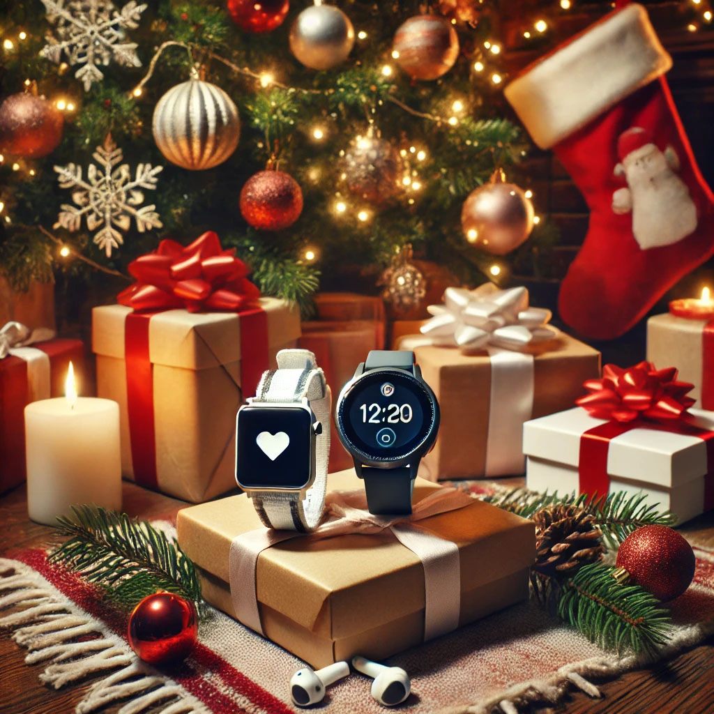 The Ultimate Guide to Gifting Wearable Technology Festive holiday setting with wearable tech devices like smartwatches and fitness trackers displayed on a decorated table.