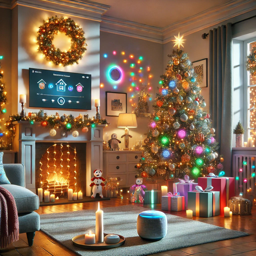 Smart Holiday Decorations: Enhance Festivities with Tech Festive holiday living room with smart home decorations, including color-changing lights, a glowing wreath, and modern tech-savvy elements.