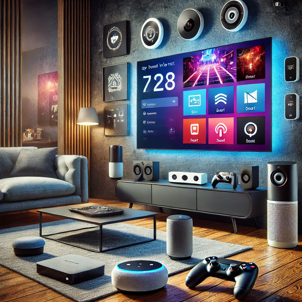 Smart Devices Work With High Speed Internet Modern living room featuring smart devices connected to high-speed internet, including a smart TV, speaker, security camera, thermostat, and gaming console.