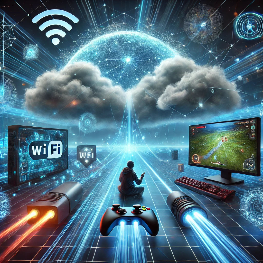 How Cloud Gaming Benefits from High-Speed Internet Illustration of cloud gaming with high-speed internet, featuring a gamer, data streams, Wi-Fi signals, and a futuristic virtual game world.