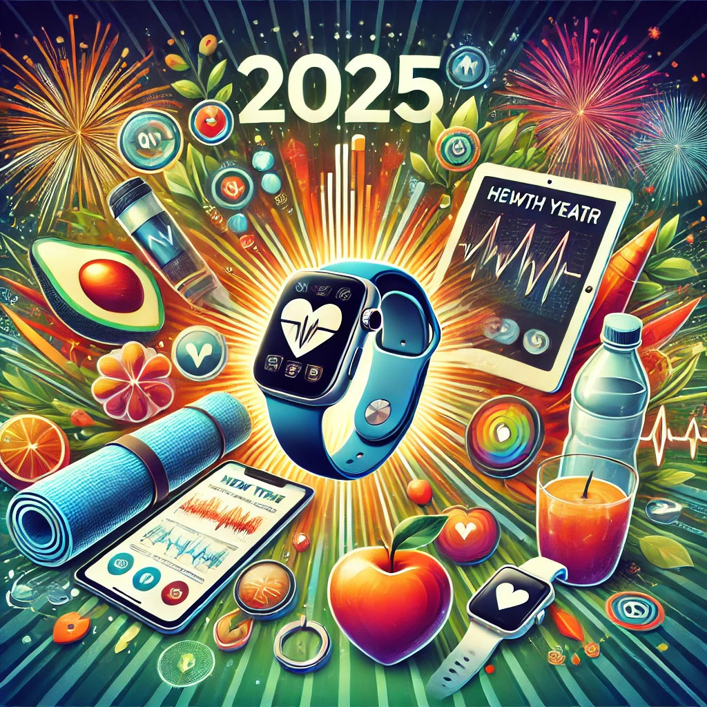 Best Health Apps and Gear Illustration of health gadgets and apps for the new year, featuring a smartwatch, fitness tracker, smartphone, and wellness elements like a yoga mat and fresh food.