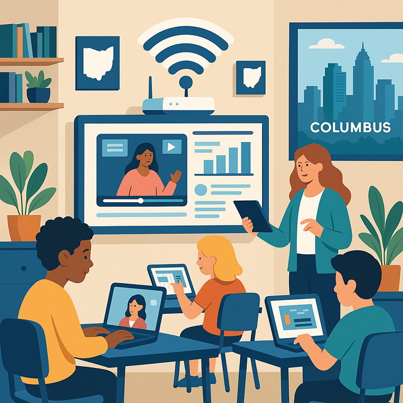 Columbus Education High-Speed Internet and Digital Tools Digital illustration of a modern classroom in Columbus with students using high-speed internet and digital tools for learning.