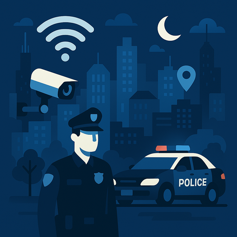 Enhancing Public Safety in Chicago with High-Speed Internet Digital illustration of Chicago’s cityscape with high-speed internet enhancing public safety features, showcasing surveillance cameras and emergency response systems.