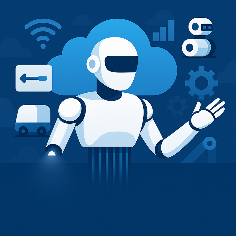 High-Speed Internet and the Rise of Cloud Robotics Flat-style illustration of a white humanoid robot with cloud computing icons, emphasizing high-speed internet’s role in robotics.