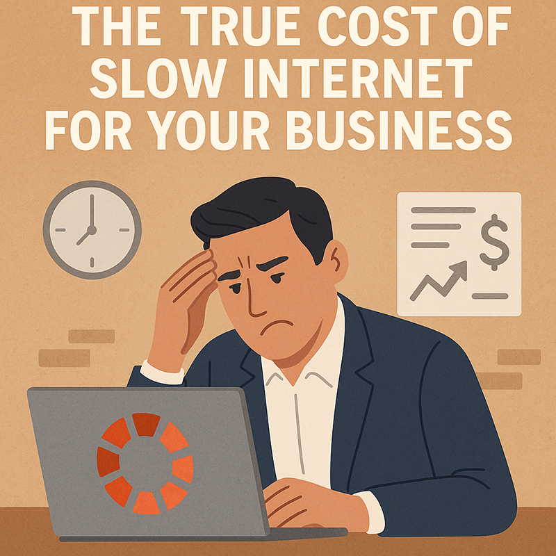 Frustrated man at laptop with slow-loading screen, symbolizing the cost of slow internet for business.