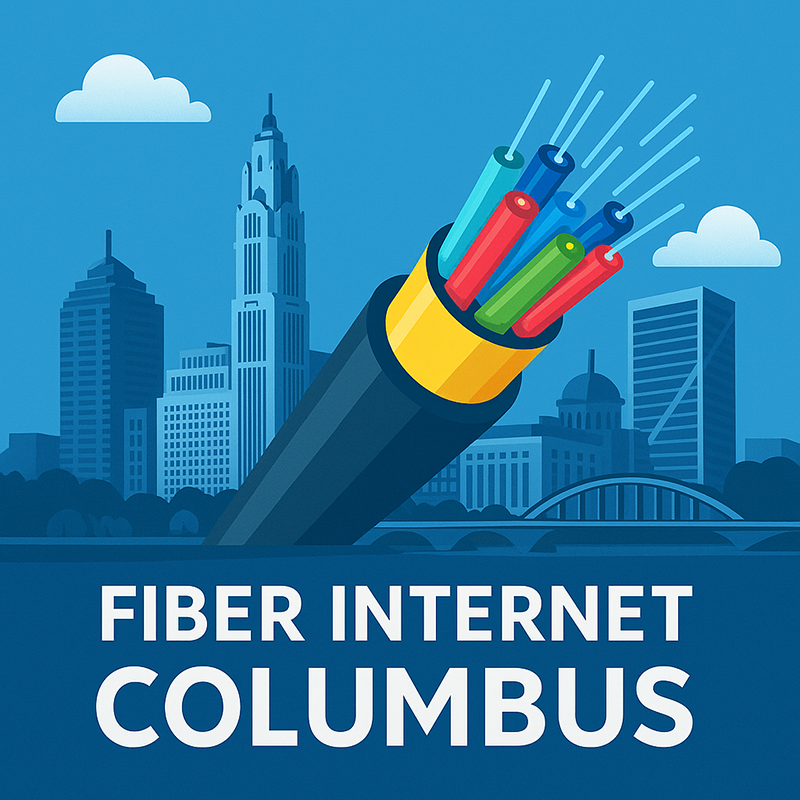 Fiber Internet Columbus Ohio Illustration of fiber internet in Columbus with connected buildings, people using devices, and a modern cityscape background.