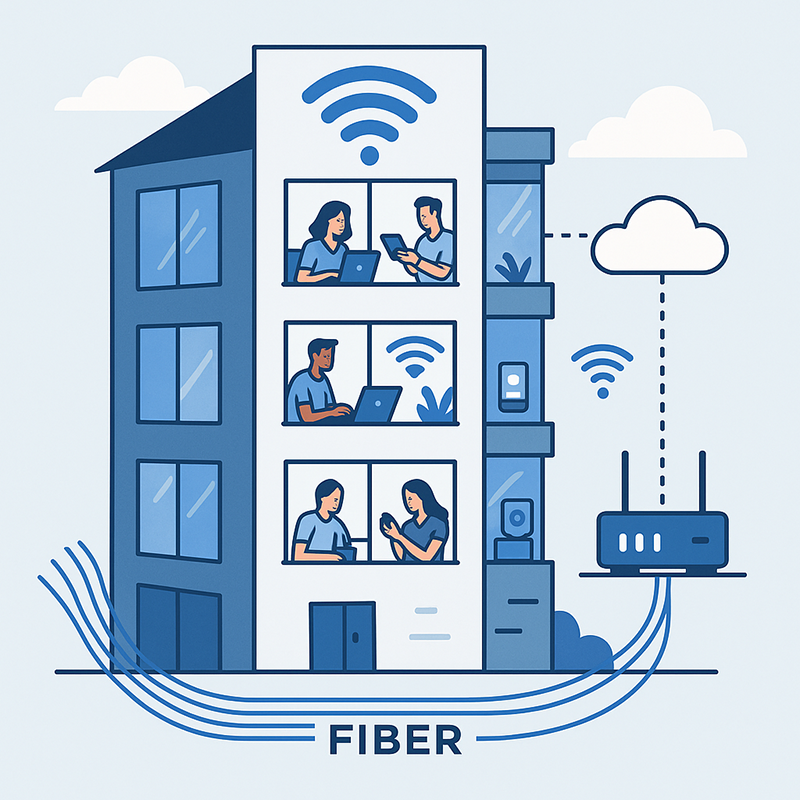 How to Choose Right MDU Provider Building Illustration of a modern apartment building with visible Wi-Fi signals and residents using internet-connected devices.