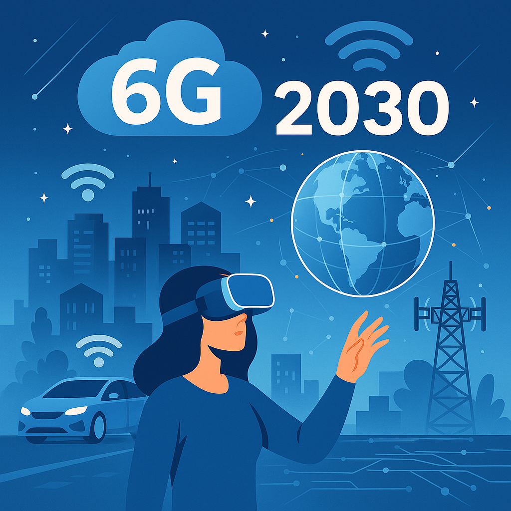 Futuristic 6G technology scene featuring a woman in a VR headset, a smart city skyline, and wireless signals connecting digital elements by 2030.