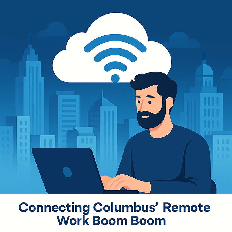 llustration of a man working remotely on a laptop with a large Wi-Fi symbol over a blue city skyline.