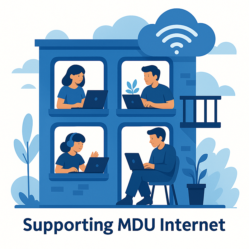 MDU Internet Supports Remote Workers and Home Education Illustration of four residents in apartment windows using laptops under a cloud-shaped Wi-Fi icon.