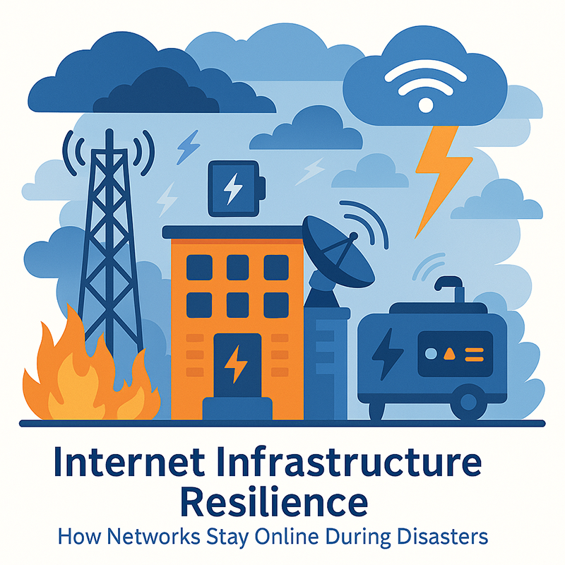 How Internet Networks Stay Online During Disasters Illustration of internet infrastructure staying online during natural disasters with server building, generator, and wireless tower surrounded by fire, lightning, and storm clouds.