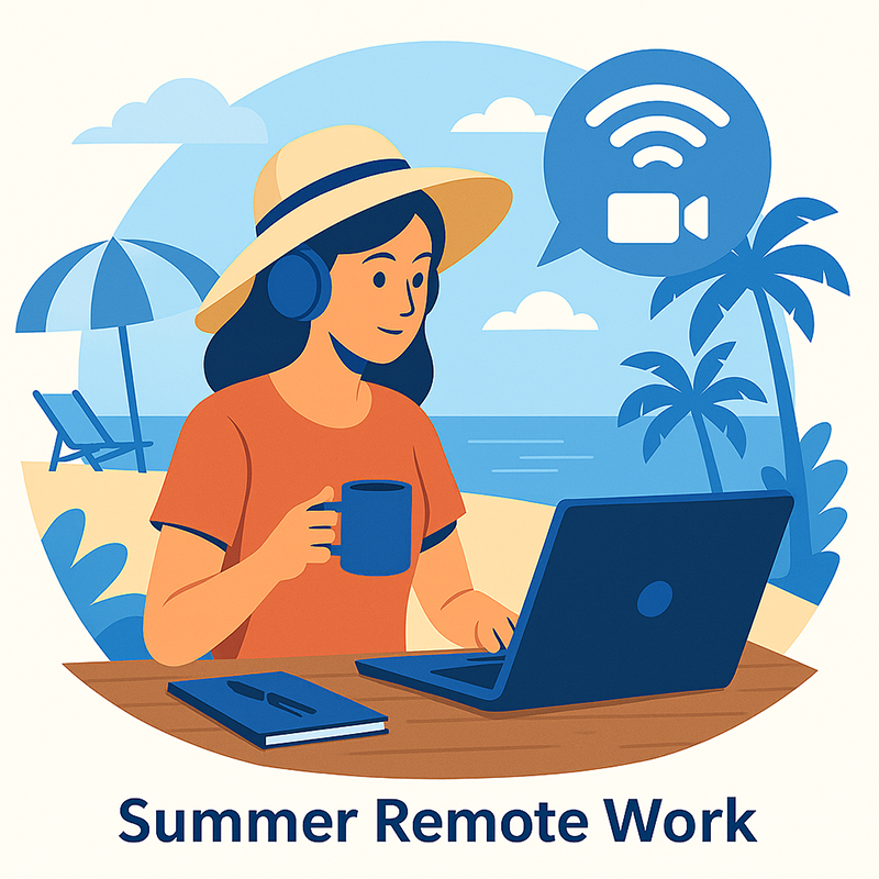 Illustration of a woman working remotely on a beach with a laptop, coffee mug, and palm trees in the background.