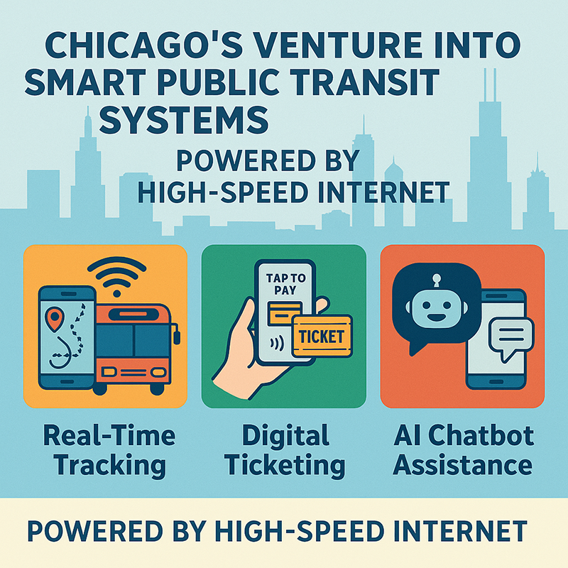 Chicago Smart Public Transit Systems High Speed Internet Illustration of Chicago’s public transit with buses, trains, and smart technology icons representing high-speed internet integration.