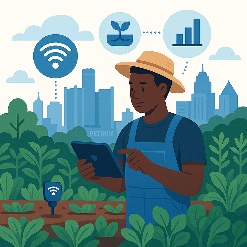 Black farmer in Detroit using tablet with IoT sensors in urban garden, Detroit skyline in background