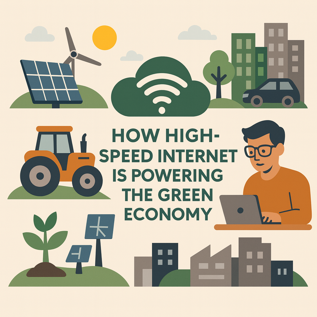 high speed internet powering green economy Flat-style illustration showing how high-speed internet supports the green economy, with icons for solar panels, smart cities, agriculture, and remote work.