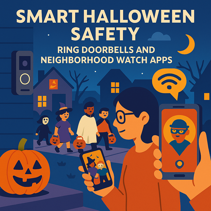 Halloween Cybersecurity Month Flat-style illustration of a Halloween night with kids trick-or-treating, Ring doorbell camera, and smart neighborhood safety apps.