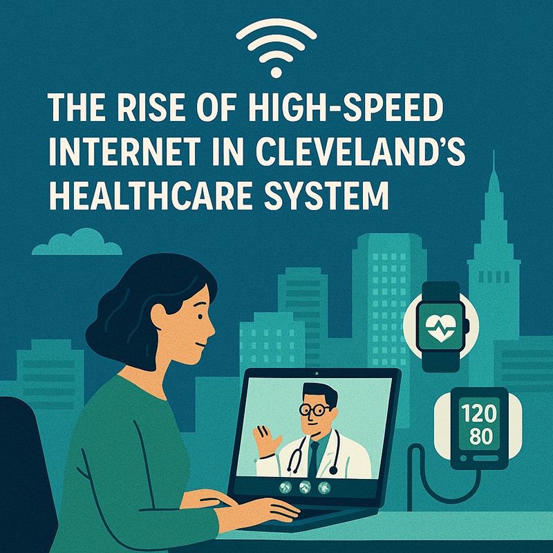 Flat-style infographic showing a woman in Cleveland using telehealth with high-speed internet, remote health devices, and city skyline in background.