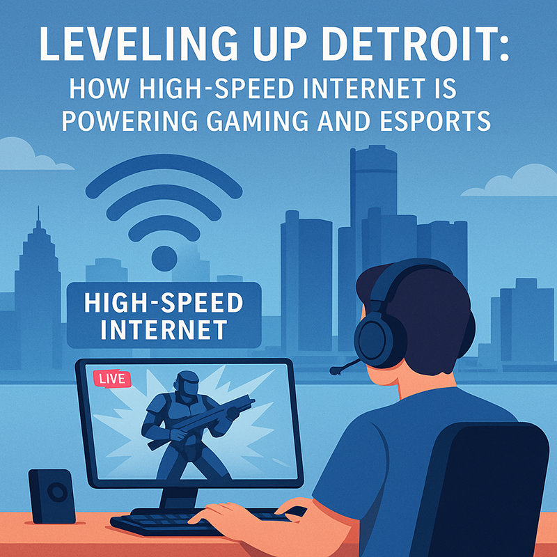 High Speed Internet Gaming Esports Detroit Flat-style digital illustration of a young Detroit gamer using high-speed internet for eSports in an urban smart city setting.