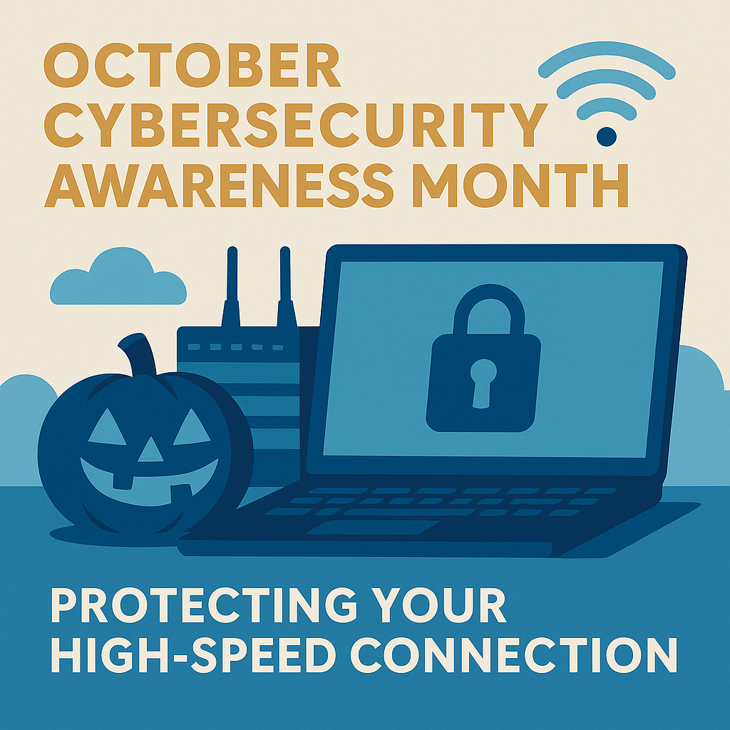 October Cyber Security Awareness Month Flat-style illustration representing Cybersecurity Awareness Month with a person protecting their high-speed internet connection using secure tools.