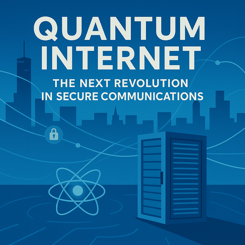 Quantum Internet Secure Communications Flat-style digital illustration of a secure data server with quantum symbols and a city skyline, representing the quantum internet.