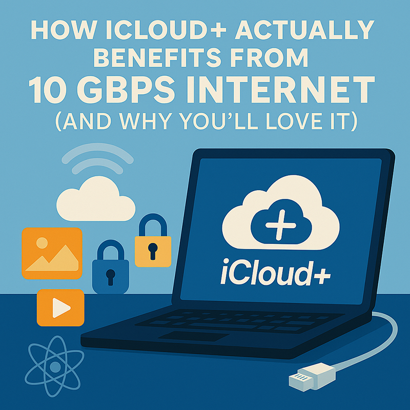How iCloud+ Actually Benefits from 10 Gbps Internet Flat-style illustration showing cloud storage, Apple devices, and fast internet signals representing the benefits of iCloud+ with 10 Gbps internet.