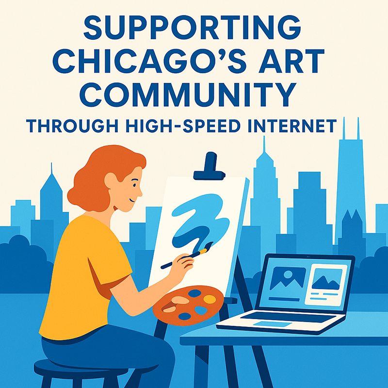 Supporting-Chicago-Art-Community-Through-High-Speed-Internet Flat-style digital illustration of a Chicago artist painting in a studio with high-speed internet symbols connecting to a global audience.