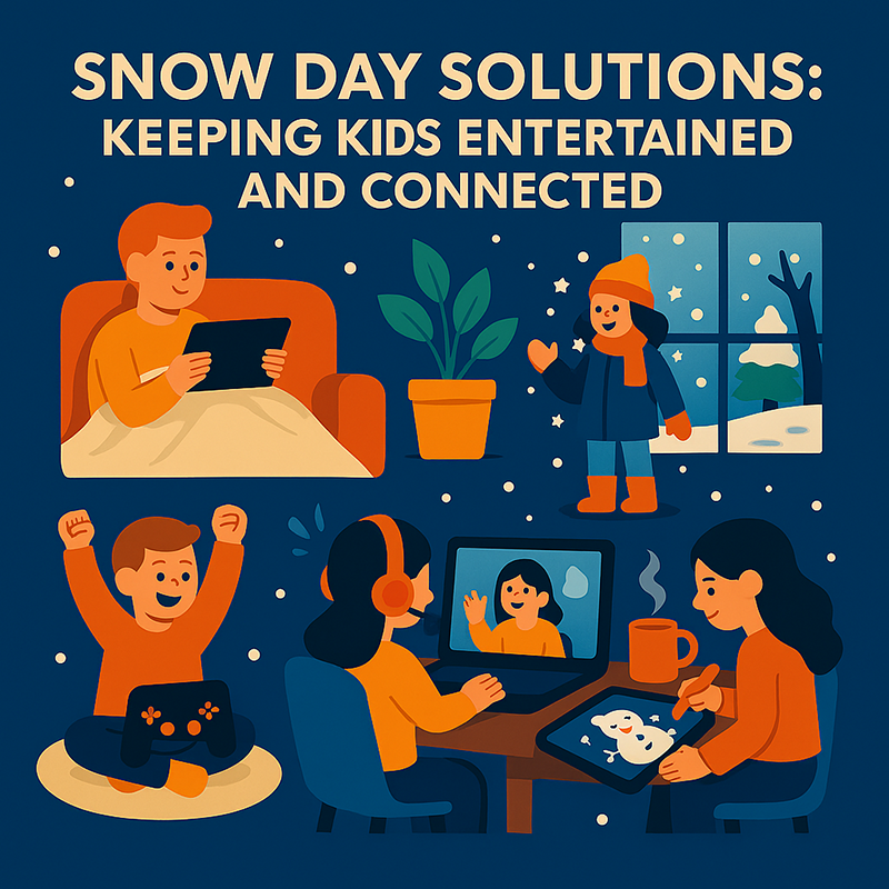 snow-day-solutions-keeping-kids-entertained Colorful digital illustration of kids enjoying tech-based snow day activities indoors, including gaming, video calls, and cozy winter fun.