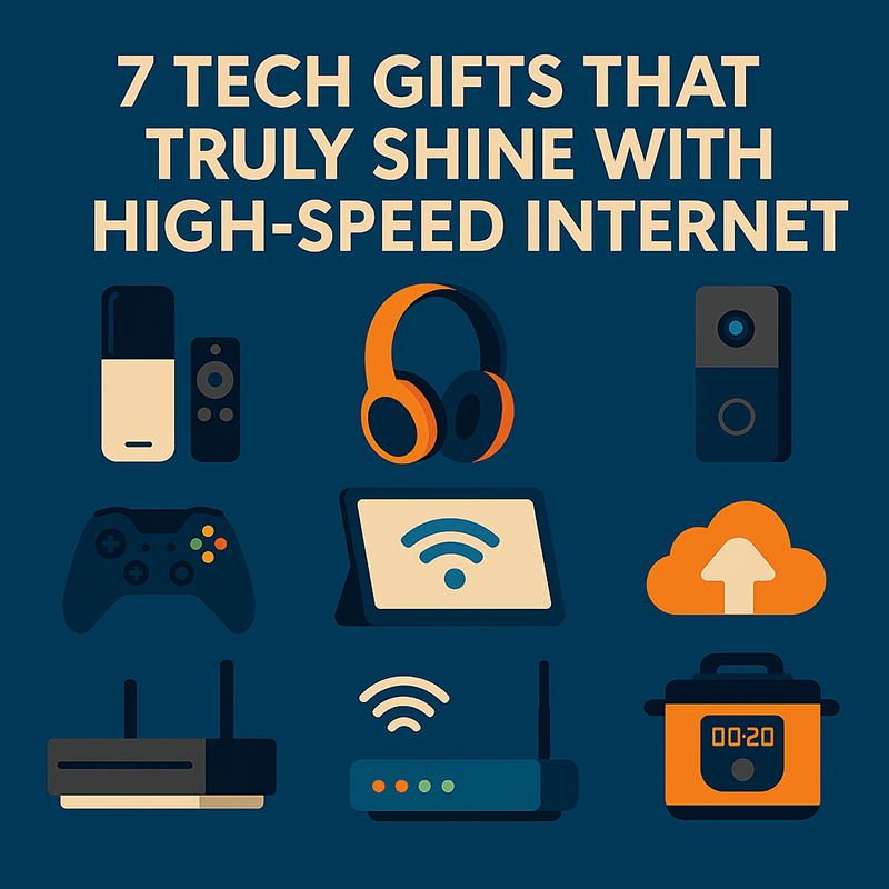 tech-gifts-high-speed-internet Illustration of tech gadgets like smart speakers, streaming devices, and gaming consoles with the title “7 Tech Gifts That Truly Shine.